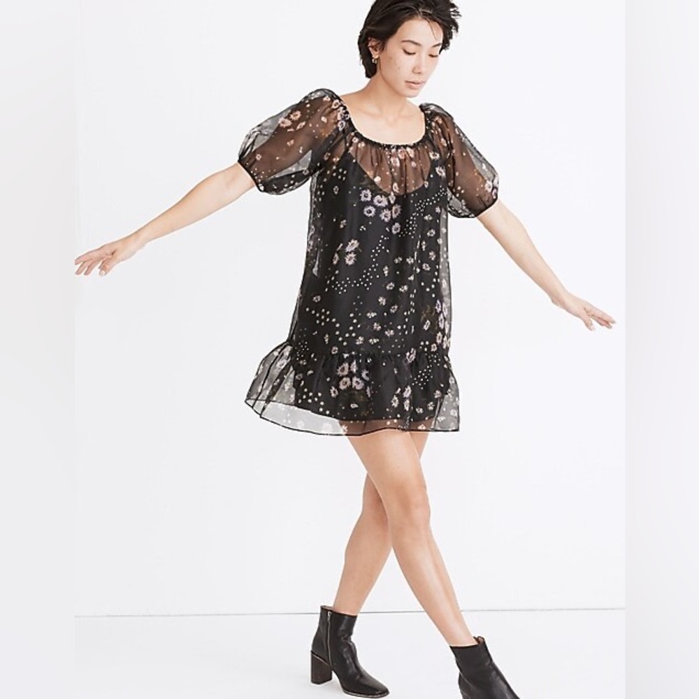 NWT Madewell Silk Organza Puff Sleeve Ruffle Hem Mini Dress Polka Daisies - S